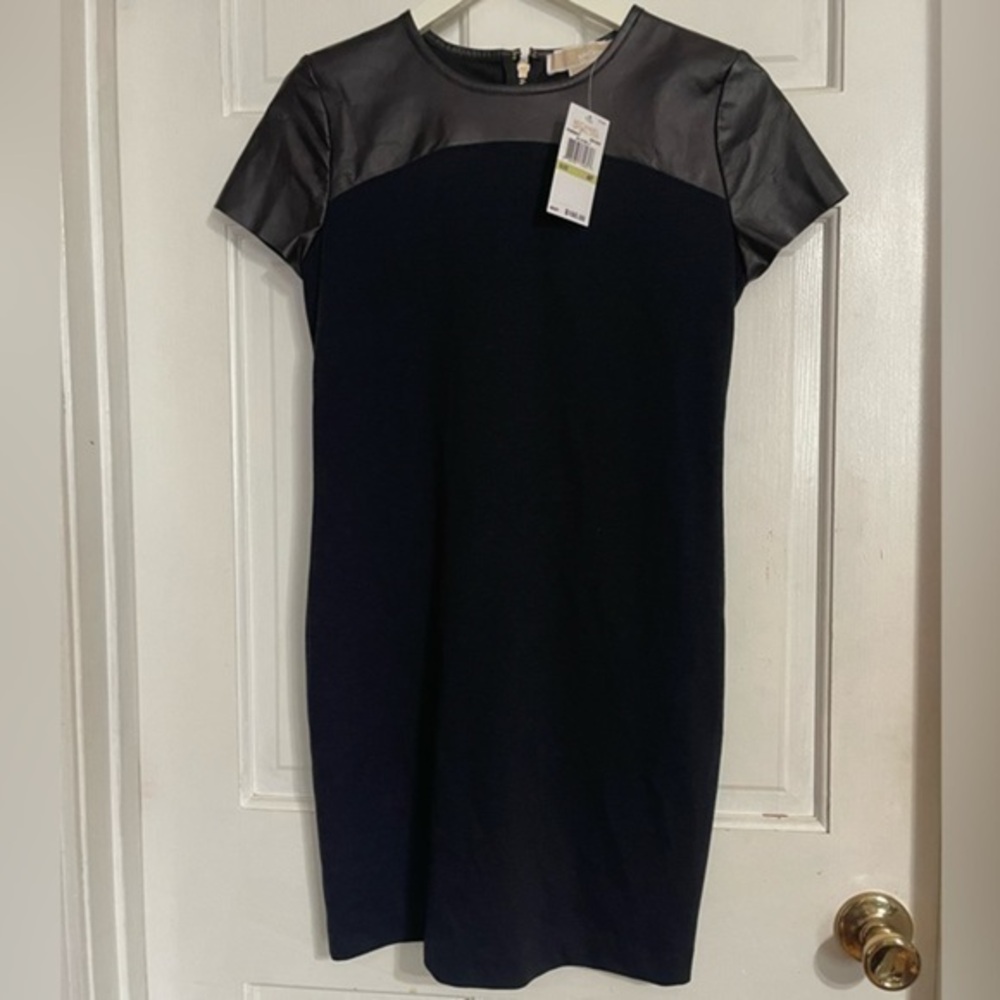 Michael Kors Slimming Navy Dress with Faux Leather NWT Sz 4